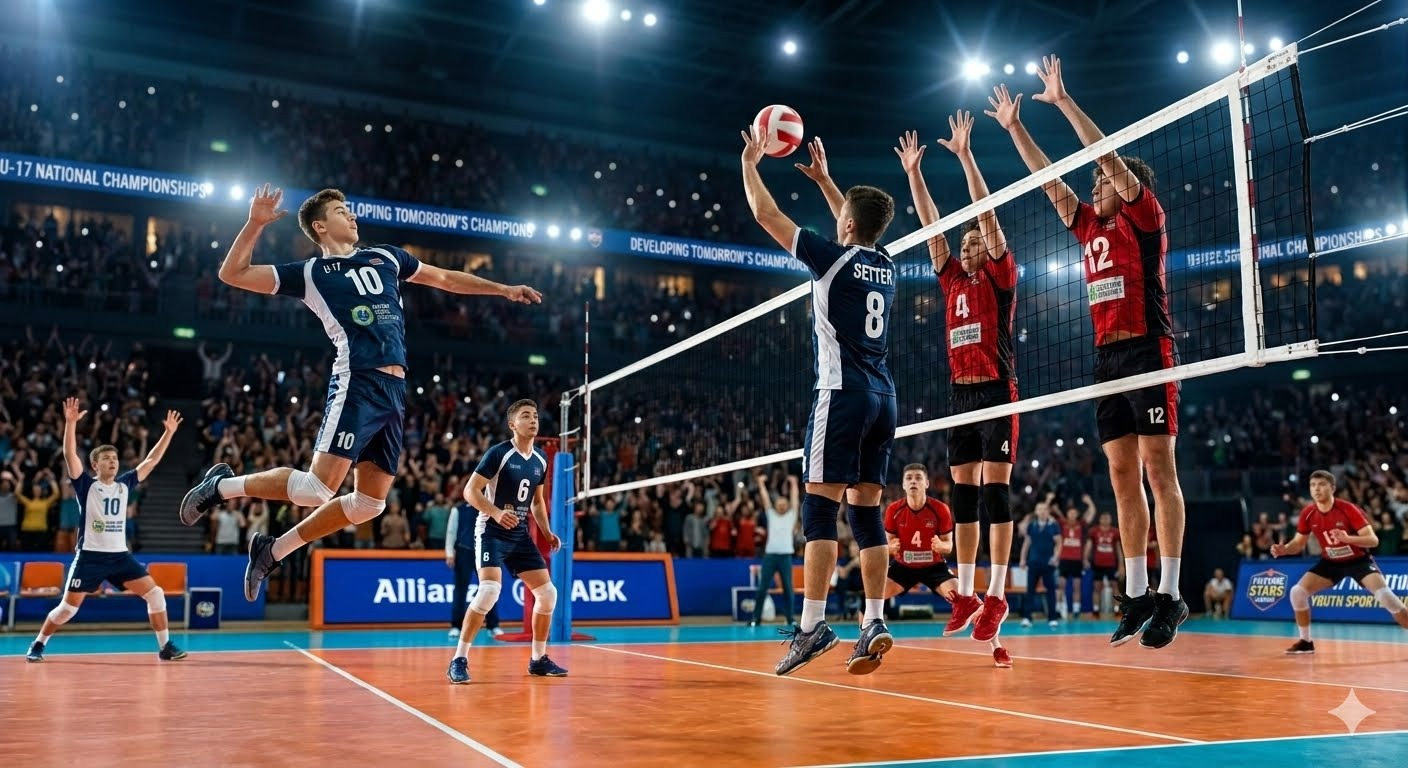 Jogada de voleibol de alto rendimento — ataque, bloqueio e defesa